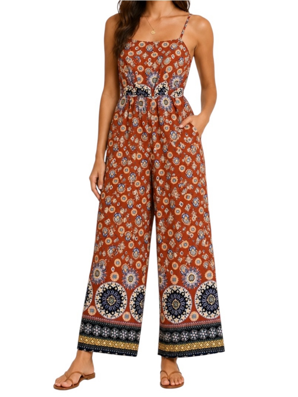 CES FEMME Orange Boho Print Wide Leg Jumpsuit